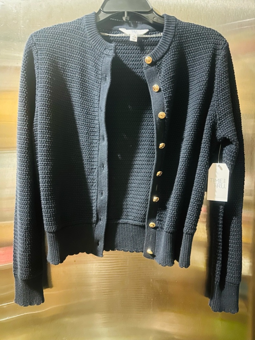 Time and Tru Navy Textured Knit Button Cardigan with Gold Buttons